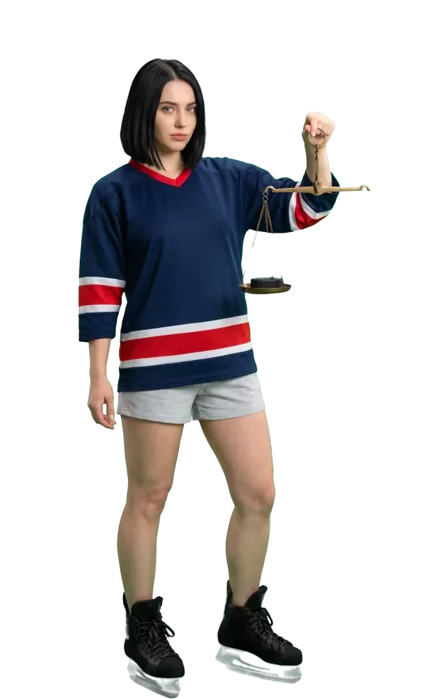 Woman holding a balance scale with a puck on each pan