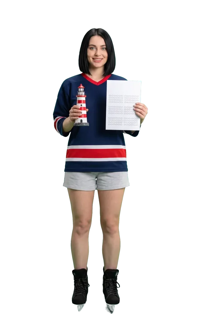 Woman holding a small lighthouse model and a paper slip