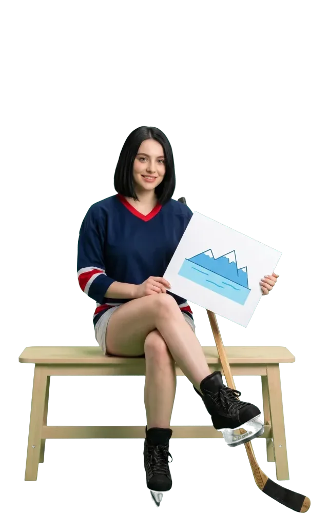Woman on a bench holding a card with mountains