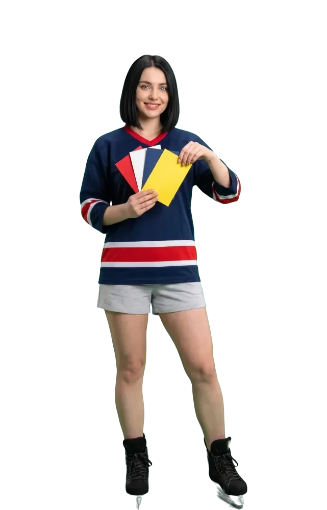 Woman holding a fan of five coloured cards