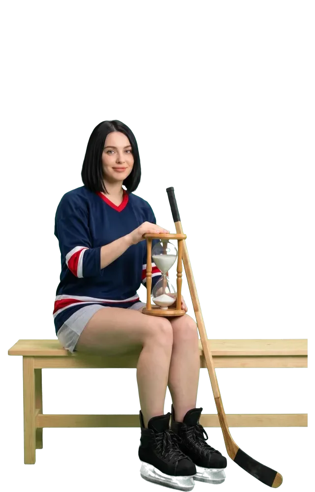 Woman on a bench holding a large hourglass