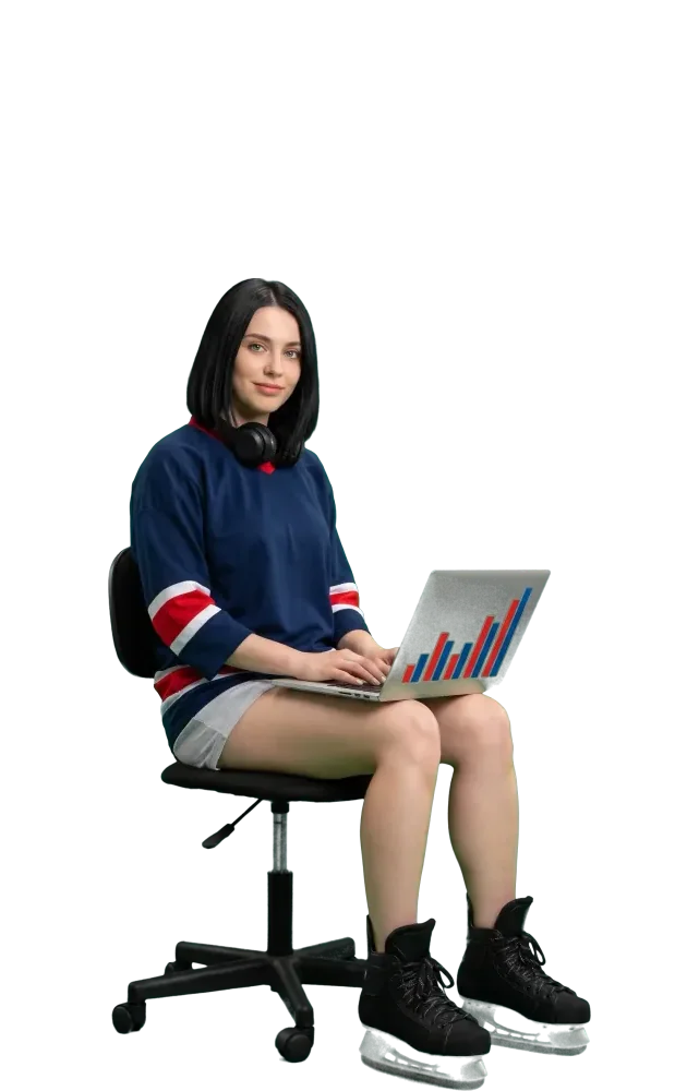 Woman on a swivel chair with a laptop showing abstract bars