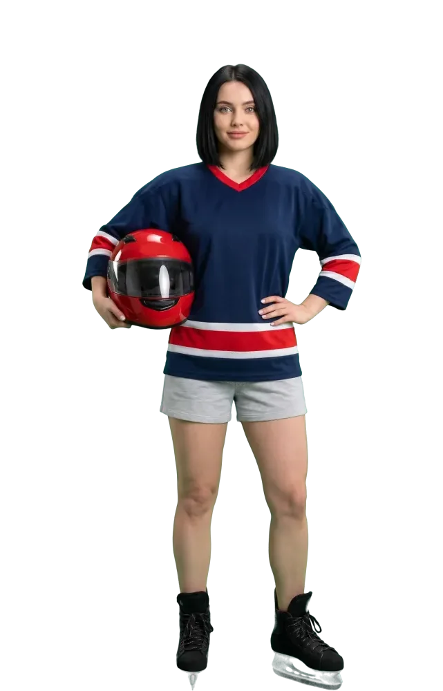 Woman holding a red racing helmet under her arm