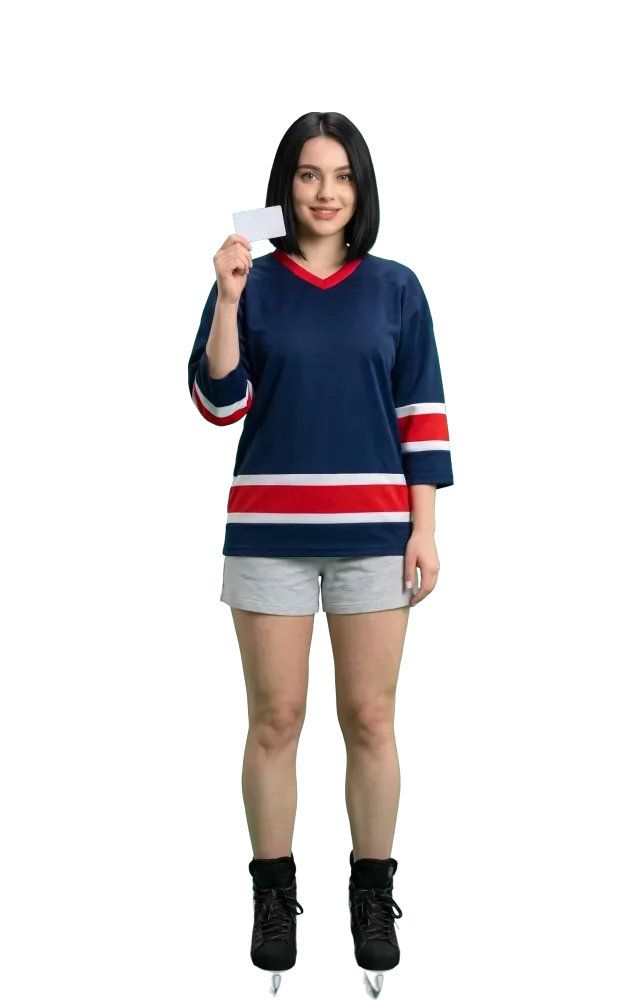 Woman holding up a blank ID-sized card
