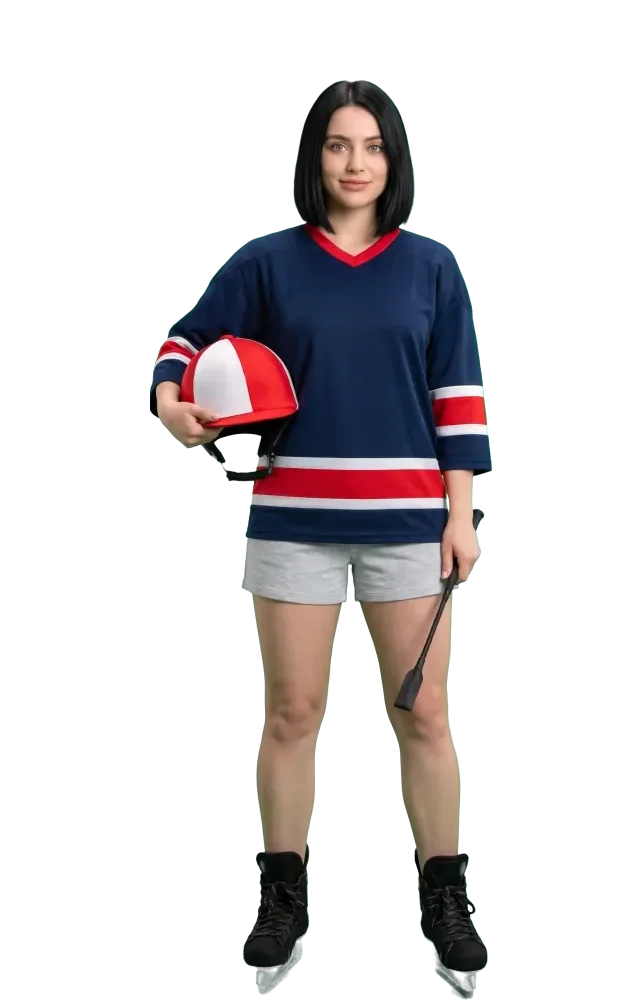 Woman holding a jockey helmet and a riding crop