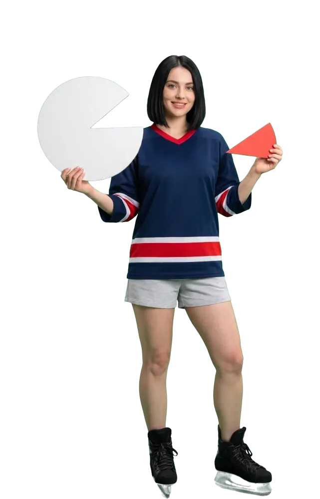 Woman holding a cardboard circle and its missing wedge