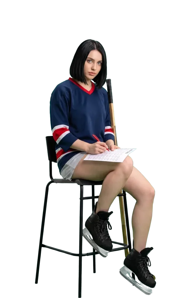 Woman on a tall stool writing on a slip on her knee
