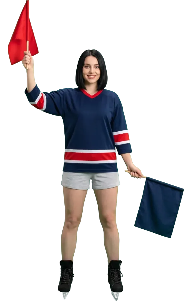 Woman raising a red flag and lowering a blue one