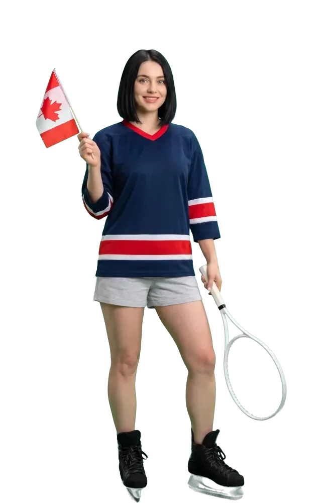 Woman holding a small Canadian flag and a tennis racket