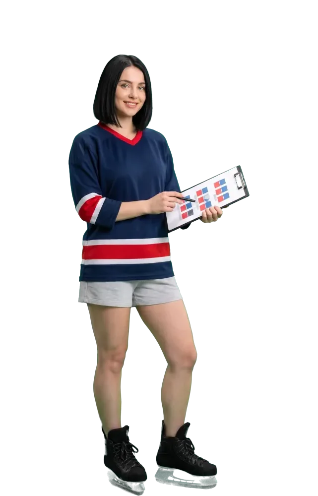 Woman tapping a row on a clipboard with a pen