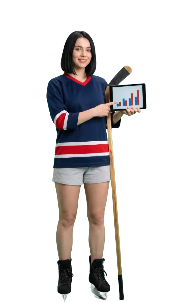 Woman pointing at a bar chart on a tablet