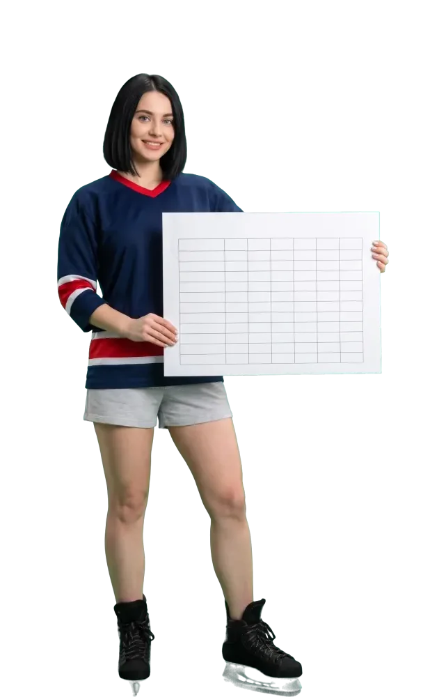 Woman showing a large sheet with an empty grid
