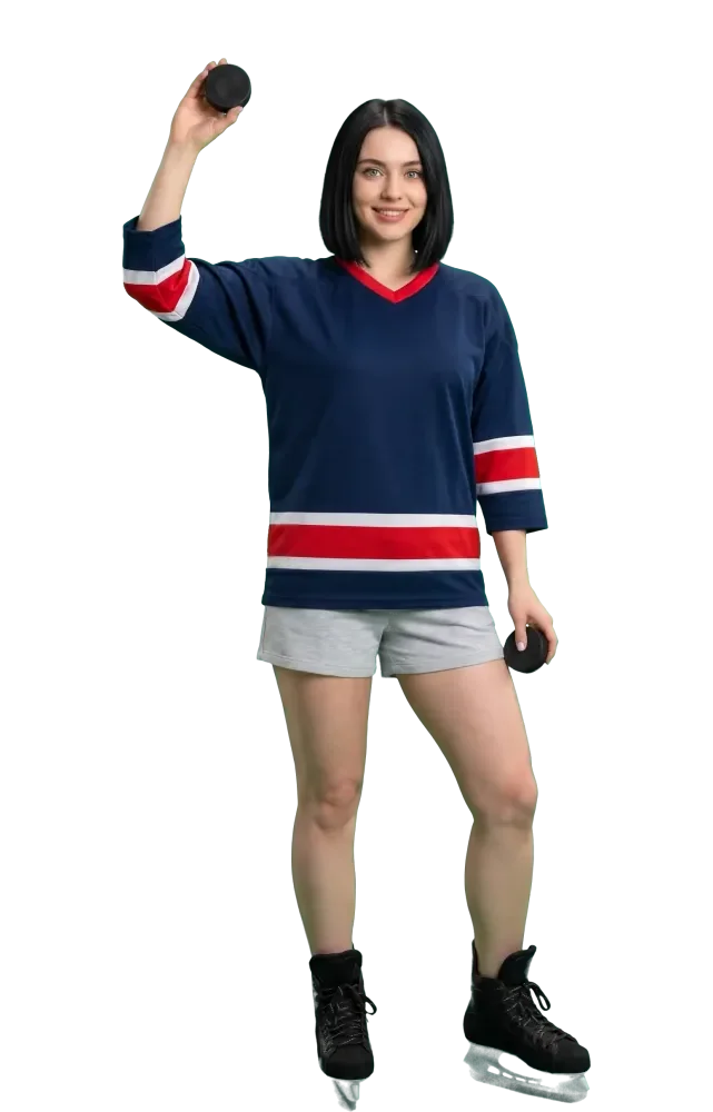 Woman holding one puck high and one puck low