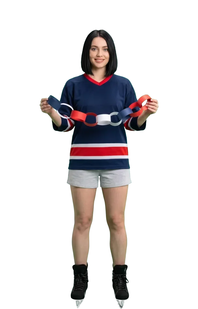 Woman holding a paper chain of three linked rings