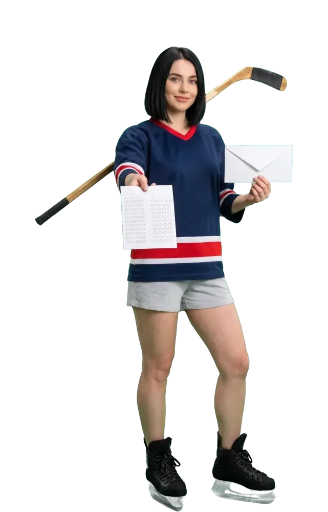 Woman handing over a paper slip and holding an envelope