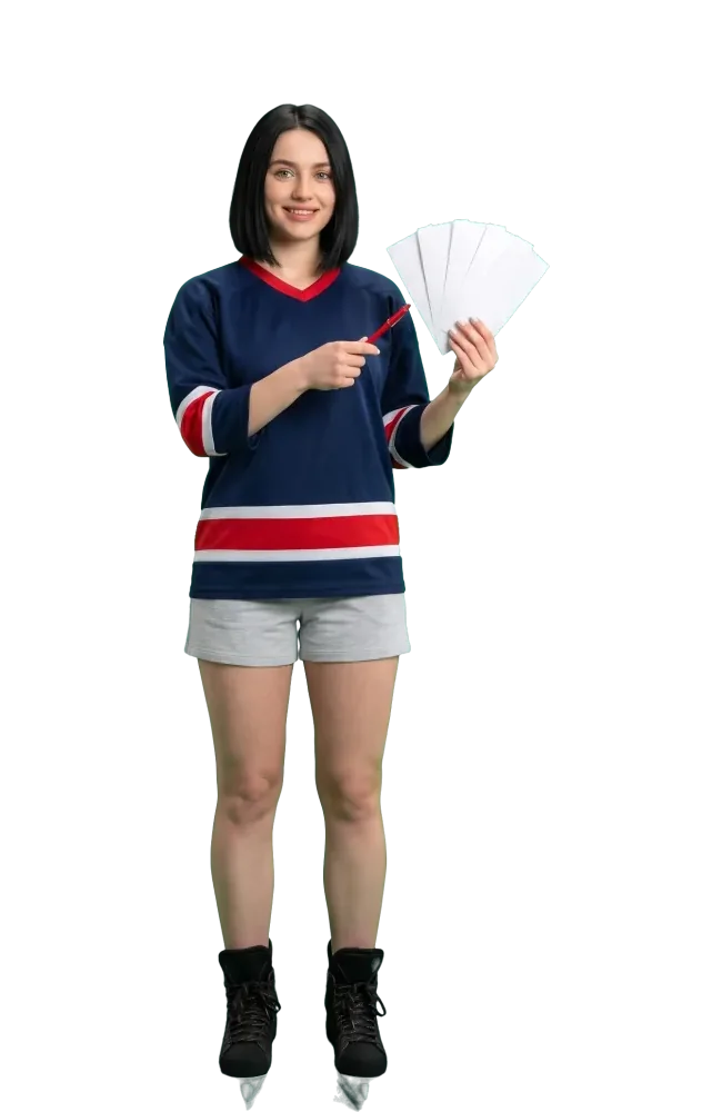 Woman holding a fan of five blank slips and a red pen