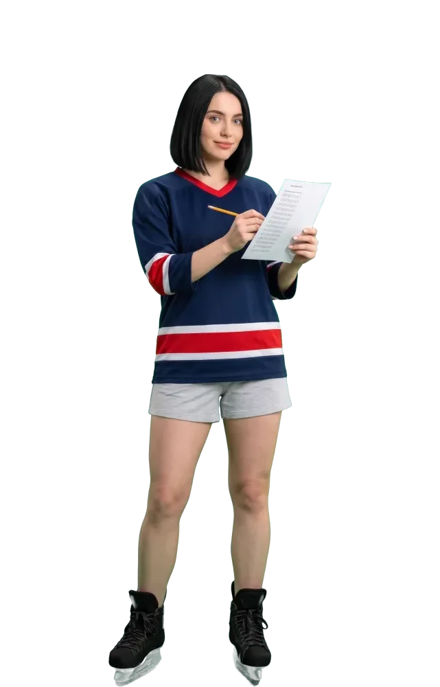 Woman in a hockey jersey filling in a blank lottery slip with a pencil