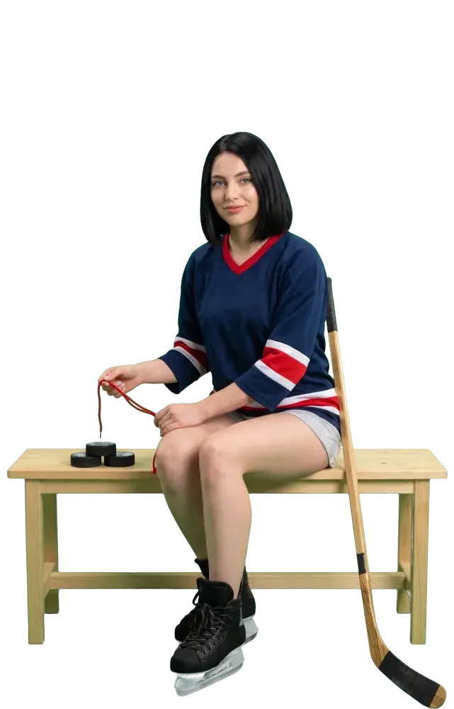 Woman on a bench connecting three pucks with red string