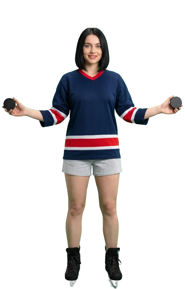 Woman holding two pucks far apart in outstretched hands