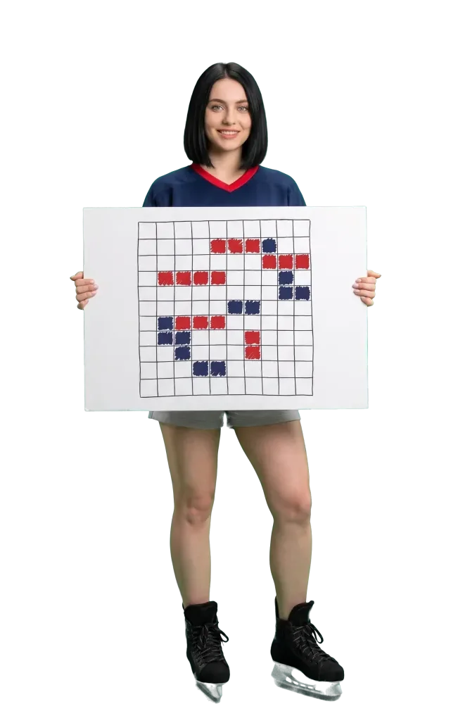 Woman holding a board with a grid of squares