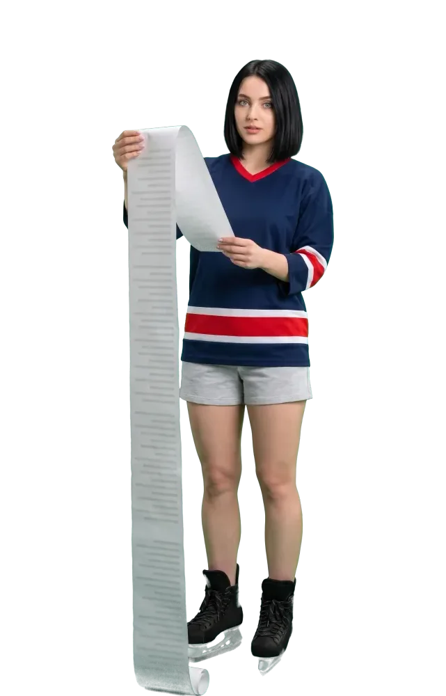 Woman reading a very long unrolled paper list