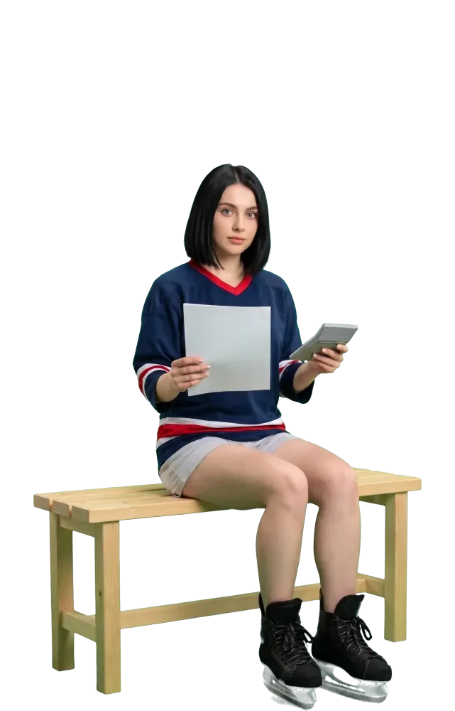 Woman on a bench reading a document with a calculator